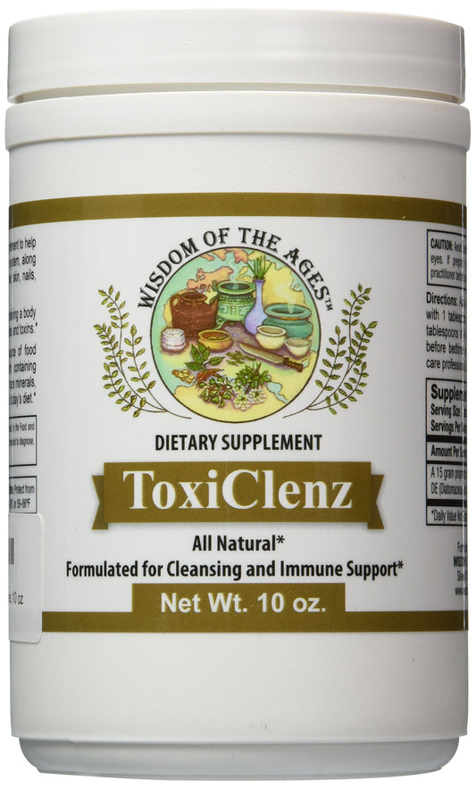 Wisdom of the Ages ToxiClenz jar front view showing a silica-rich cleansing supplement for daily support.