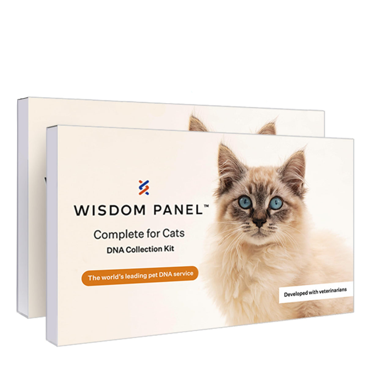 Wisdom Panel Complete cat DNA test kit box for two-pack, highlighting breed insights.