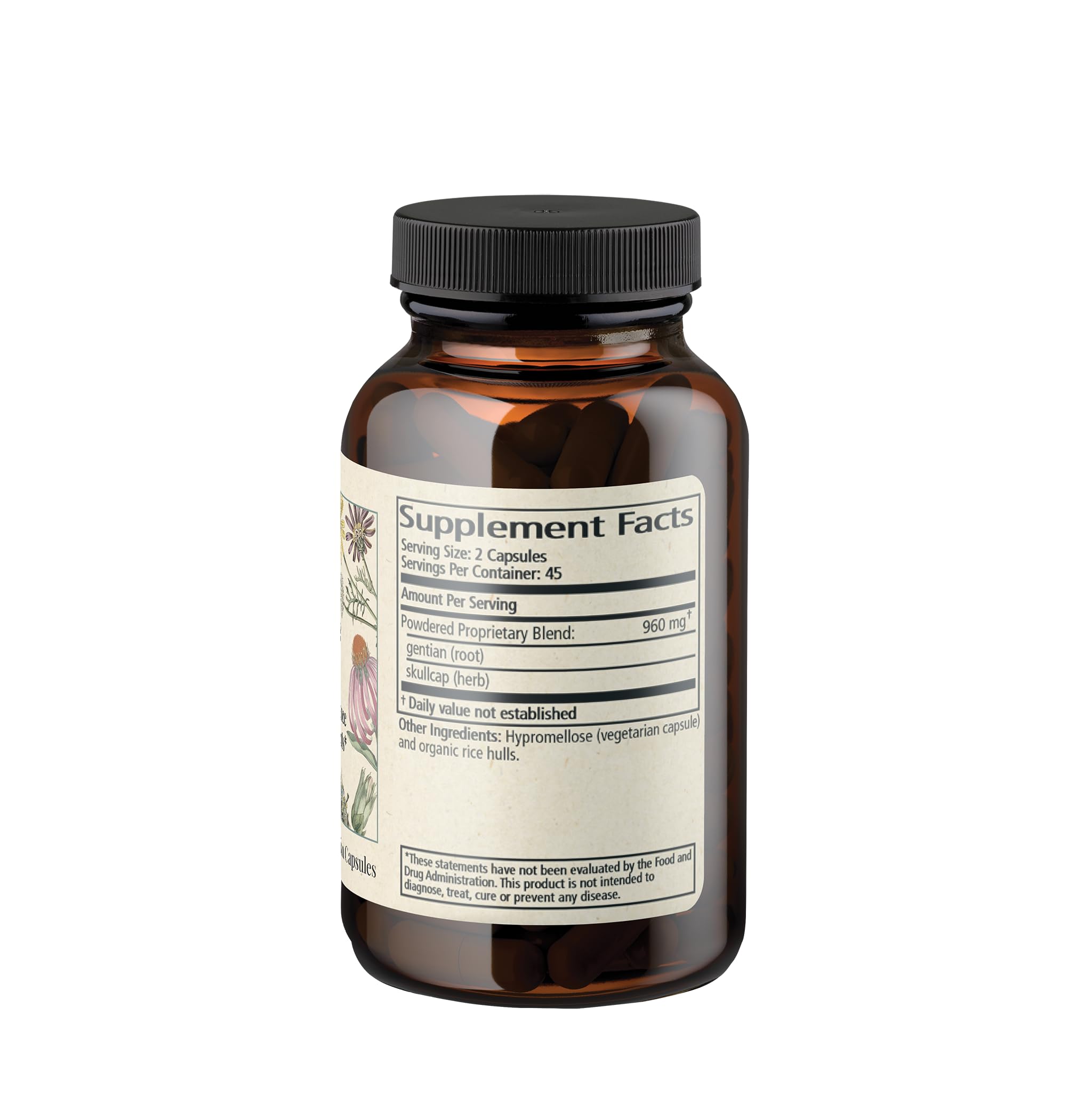 Wise Woman Herbals Gentian & Skullcap 90 vegetarian capsules highlight non-GMO formula.