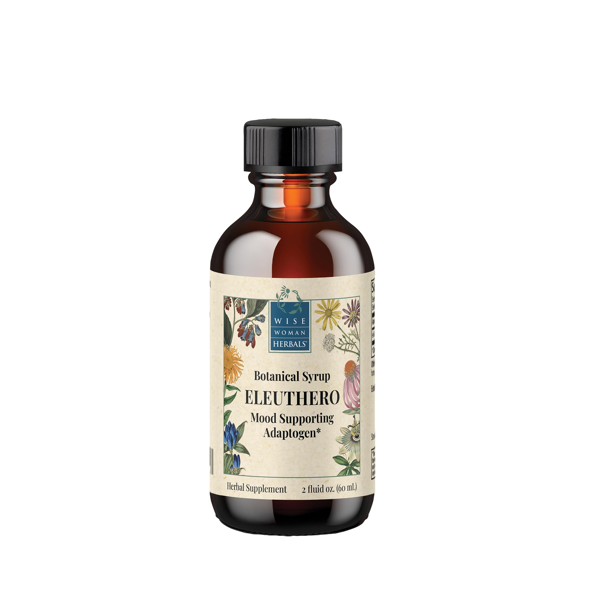 Wise Woman Herbals Eleuthero syrup bottle highlights alcohol-free adrenal support for daily use.