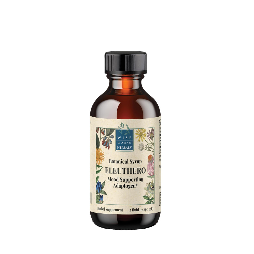 Wise Woman Herbals Eleuthero syrup bottle highlights alcohol-free adrenal support for daily use.