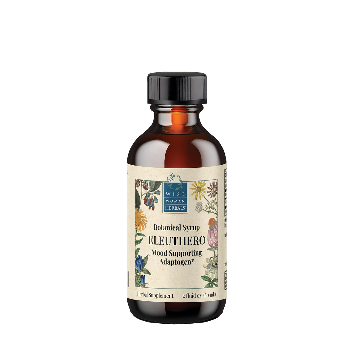 Wise Woman Herbals Eleuthero syrup bottle highlights alcohol-free adrenal support for daily use.
