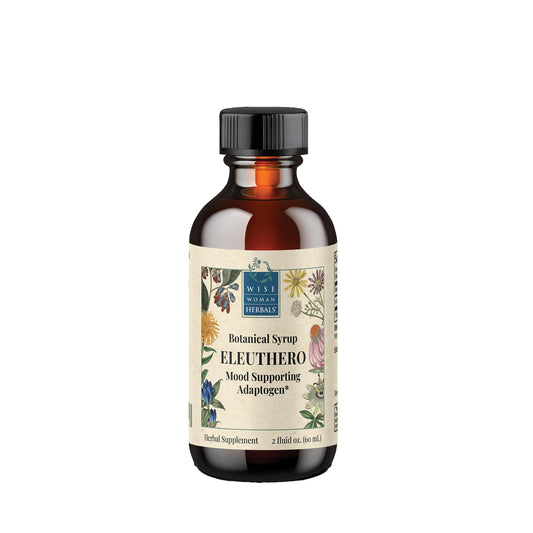 Wise Woman Herbals Eleuthero syrup bottle highlights alcohol-free adrenal support for daily use.