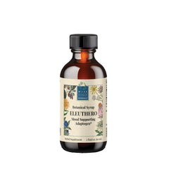 Wise Woman Herbals Eleuthero syrup bottle highlights alcohol-free adrenal support for daily use.