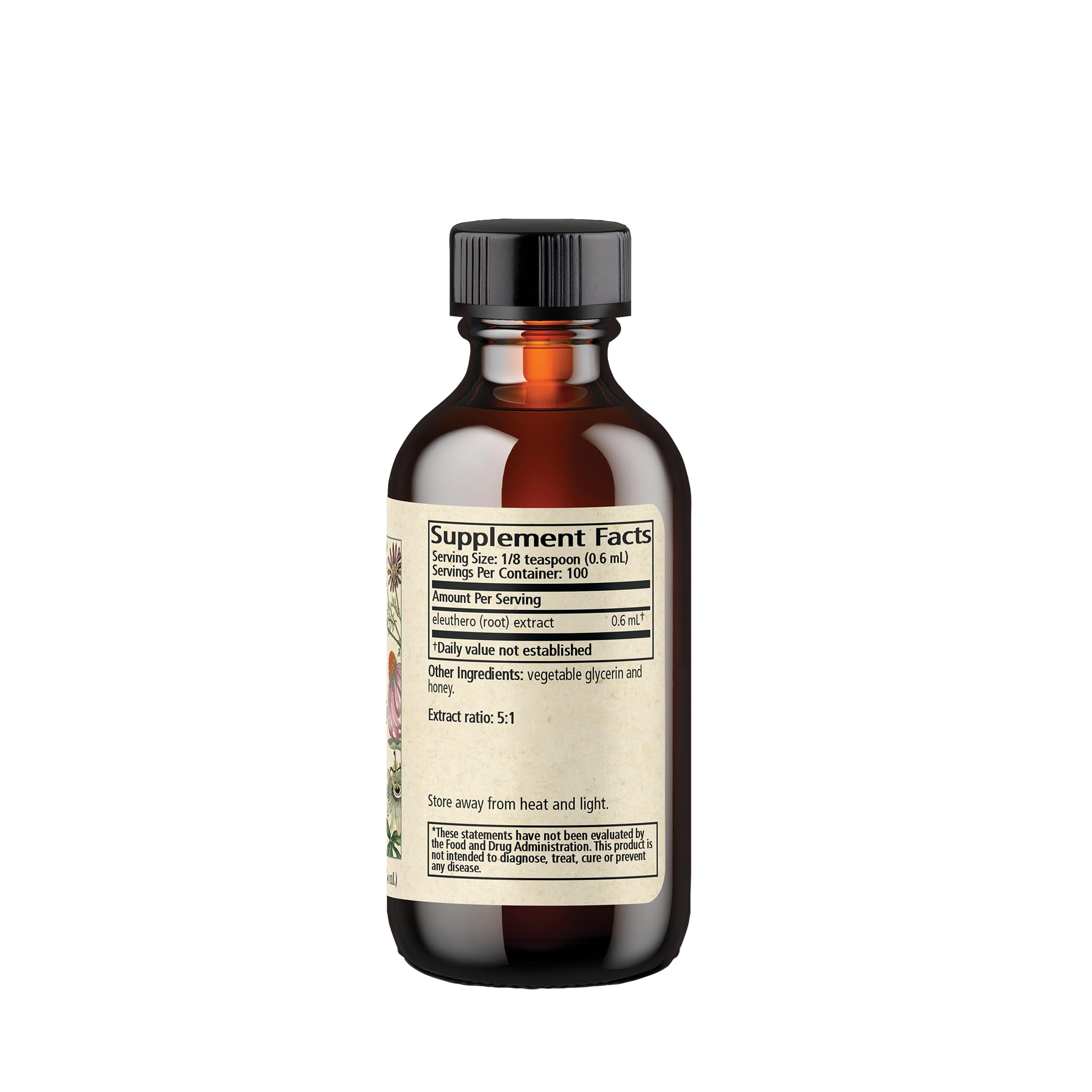 Wise Woman Herbals Eleuthero ingredients close-up shows root, glycerin, and honey for flavor.
