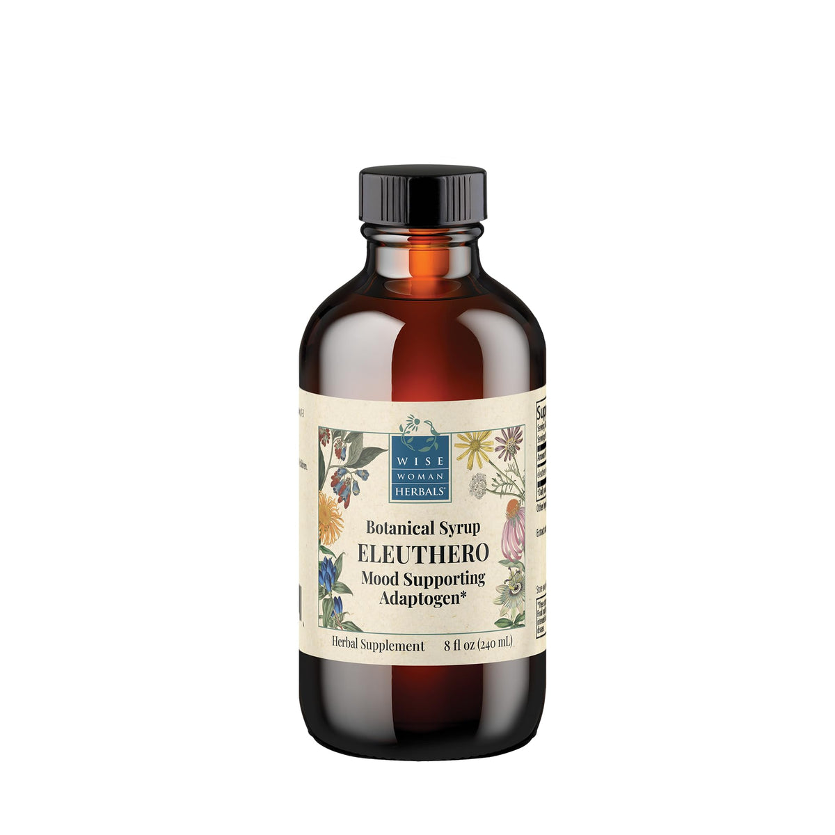 Wise Woman Herbals Eleuthero Syrup bottle labeled for daily adrenal support.