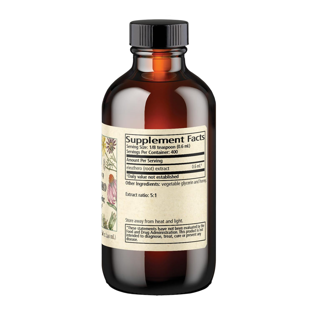 Close-up of Wise Woman Herbals Eleuthero Syrup label and ingredients.