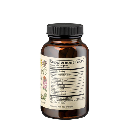 Close-up of Wise Woman Herbals Fiber Flow capsules for bowel health