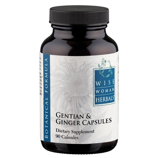 Wise Woman Herbals Gentian & Ginger capsules bottle for digestive support.