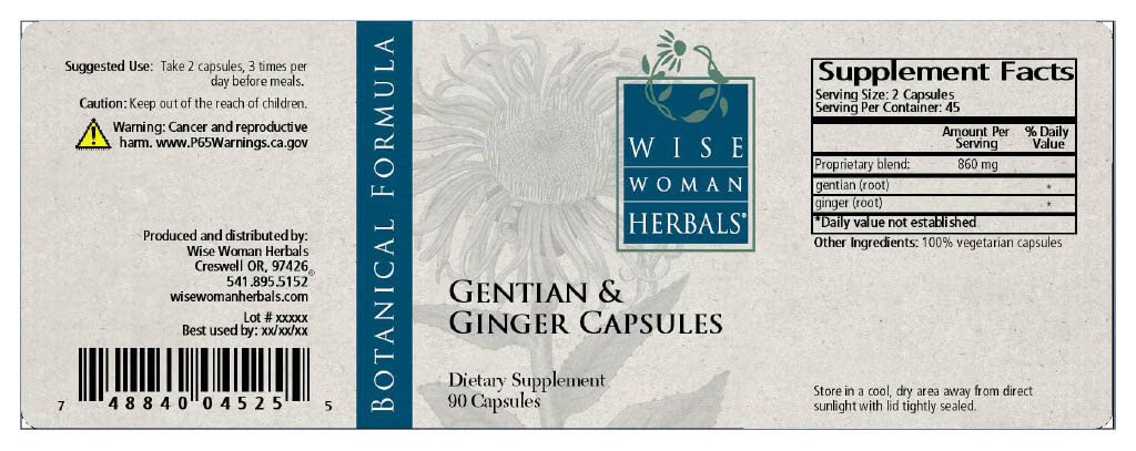 Wise Woman Herbals Gentian & Ginger capsules pour for on-the-go digestive relief.