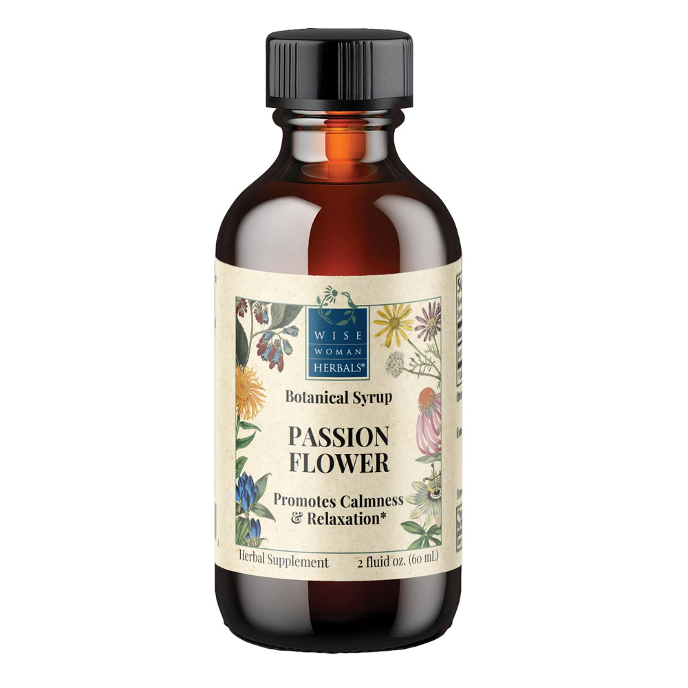 Wise Woman Herbals Passionflower Botanical Syrup bottle label highlights alcohol-free sleep support.