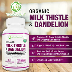 Wiseceutical 5:1 concentration graphic emphasizes potent organic milk thistle.