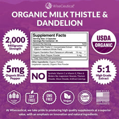 Wiseceutical Dandelion Root bottle highlights organic ingredients for cleansing-friendly routine.