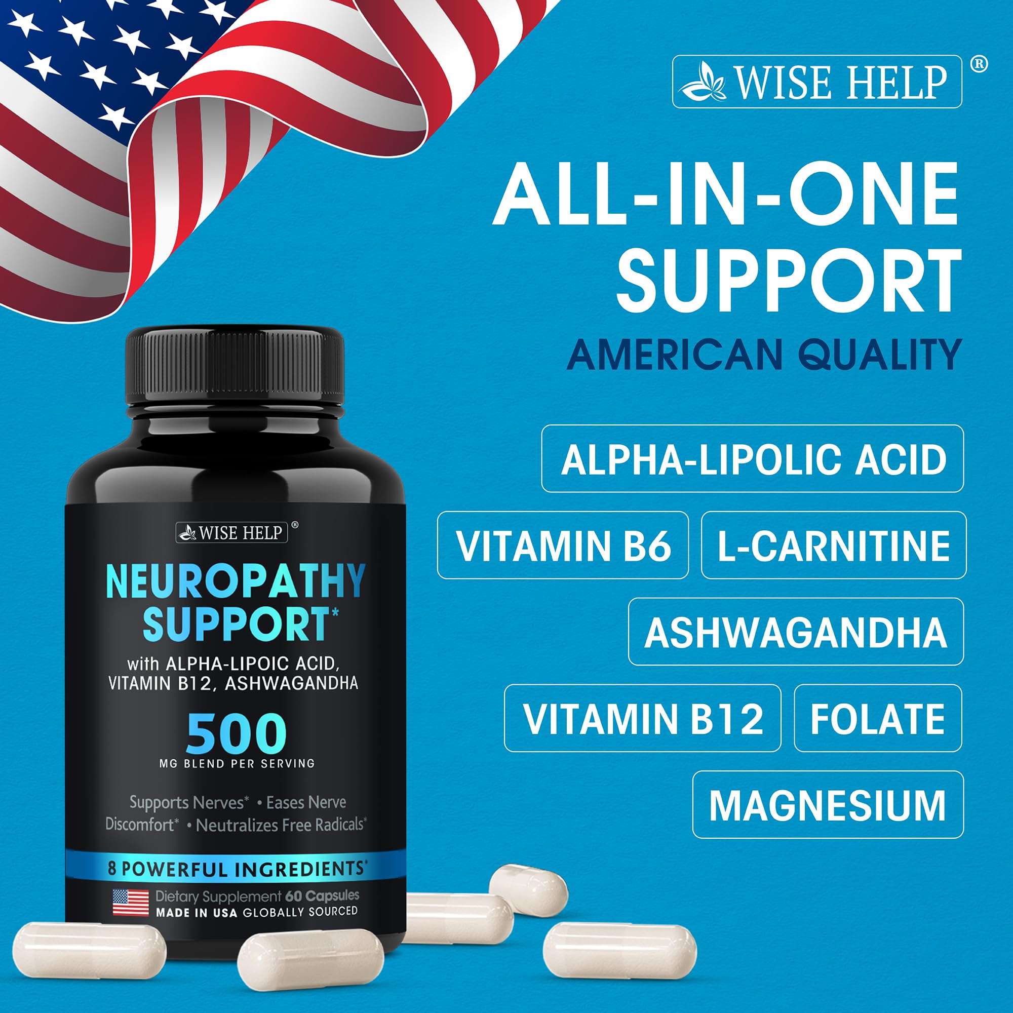 Wisehelp Neuropathy Support dispensing bottle with dosage cues for simple daily routine.