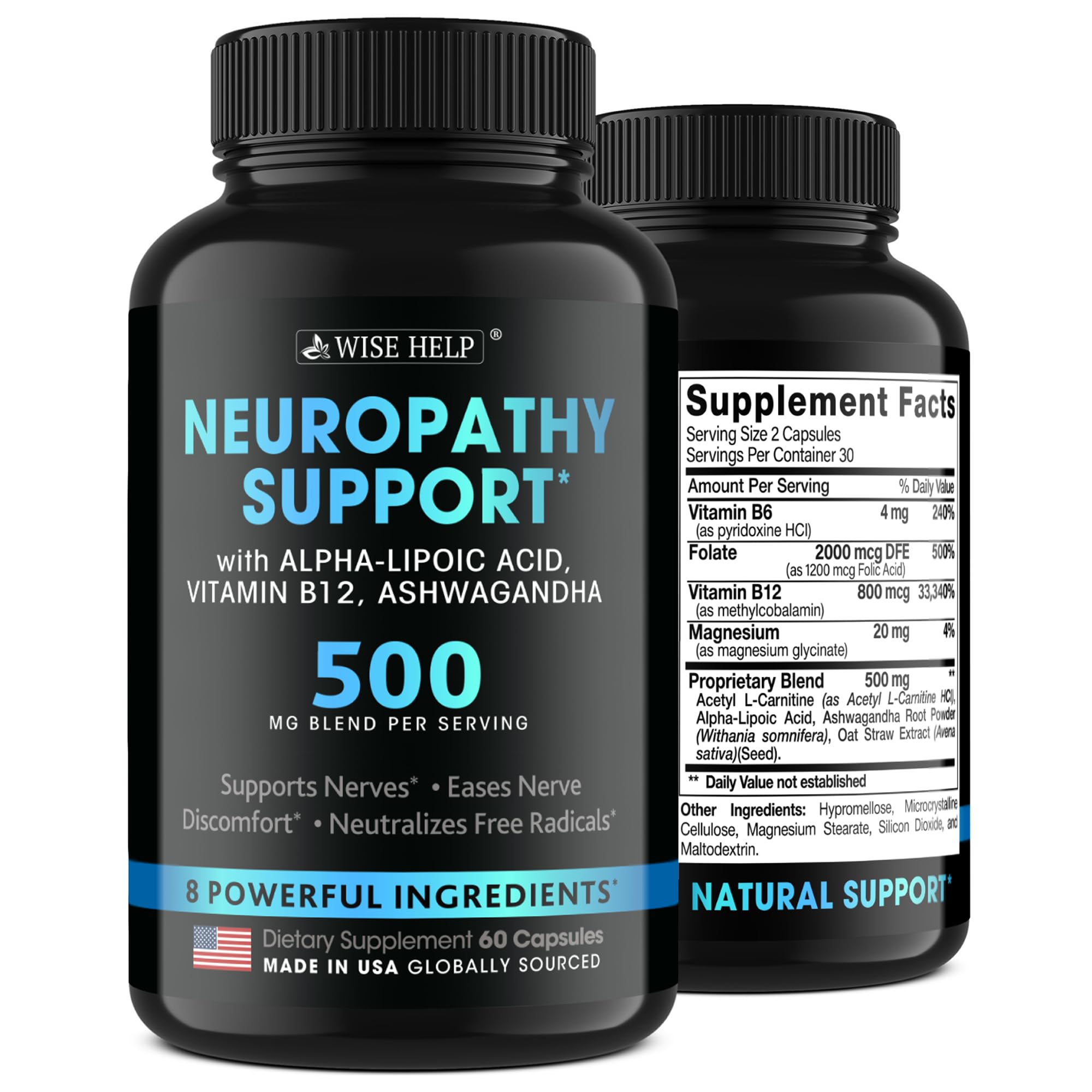 Wisehelp Neuropathy Support bottle front highlighting nerve health support in daily use