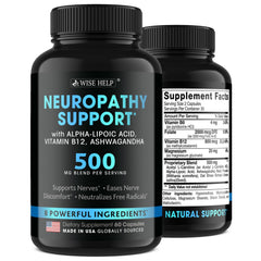 Wisehelp Neuropathy Support bottle front highlighting nerve health support in daily use