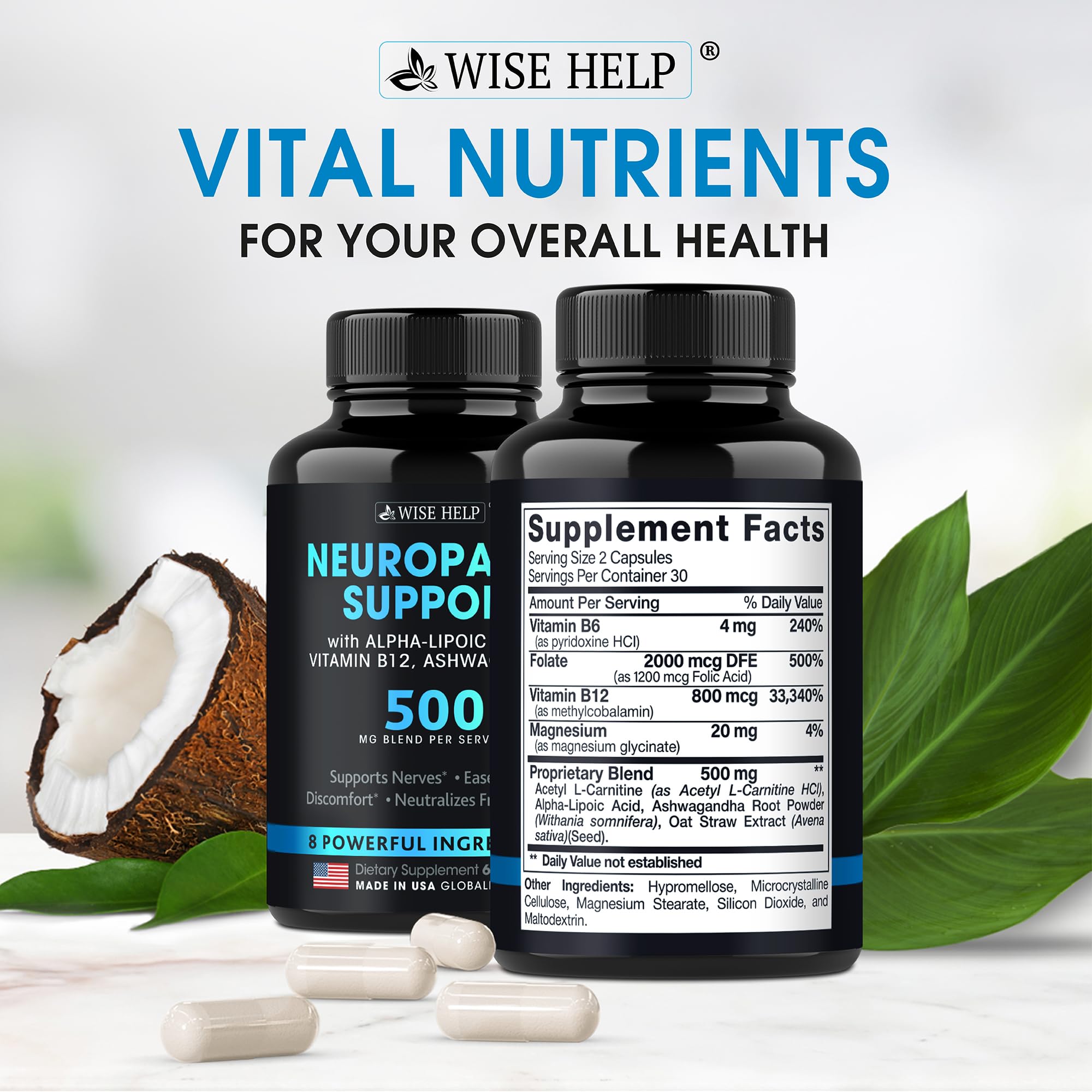 Wisehelp Neuropathy Support bottle label close-up emphasizing USA-made quality and nerve health focus.