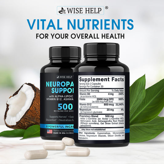 Wisehelp Neuropathy Support capsules close-up highlighting convenient daily supplementation