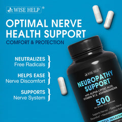 Wisehelp Neuropathy Support capsules close-up showing supplement shape and antioxidant intent for nerves.