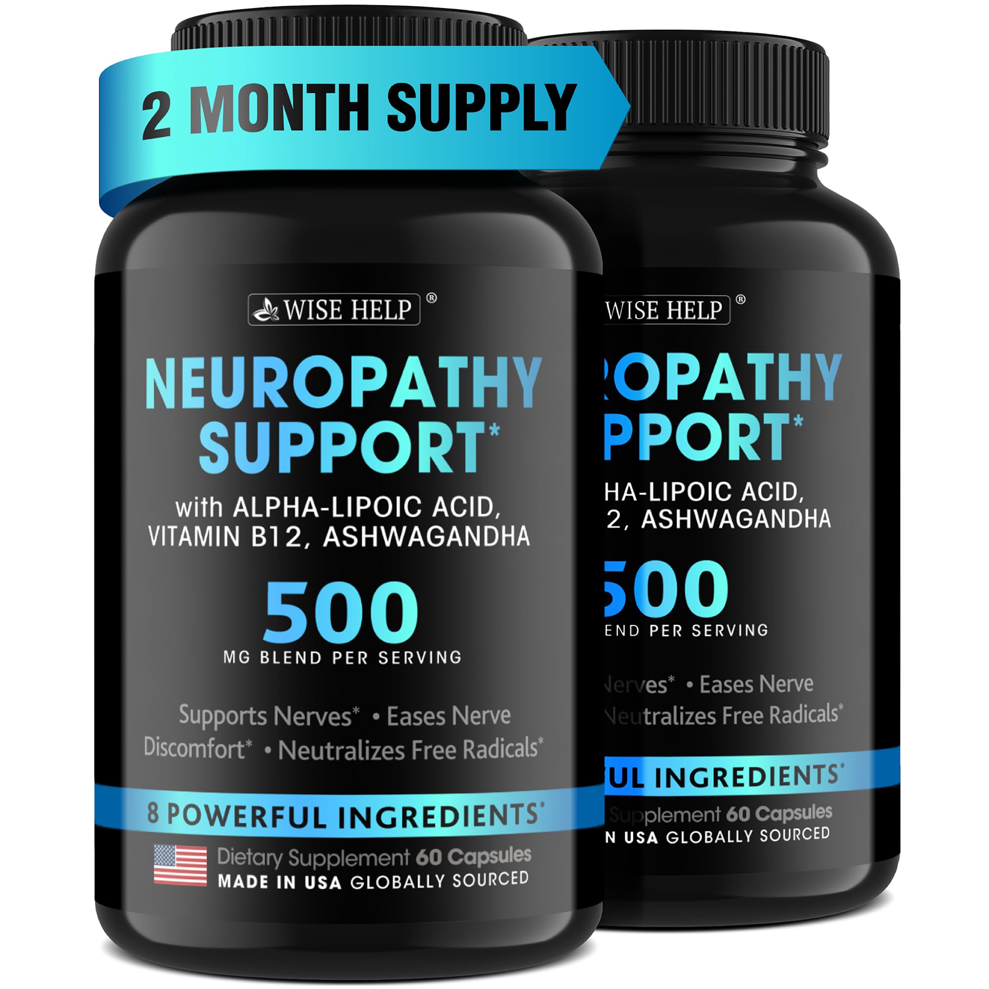 Wisehelp Neuropathy Support two-bottle pack front view highlighting easy daily use for nerve health.