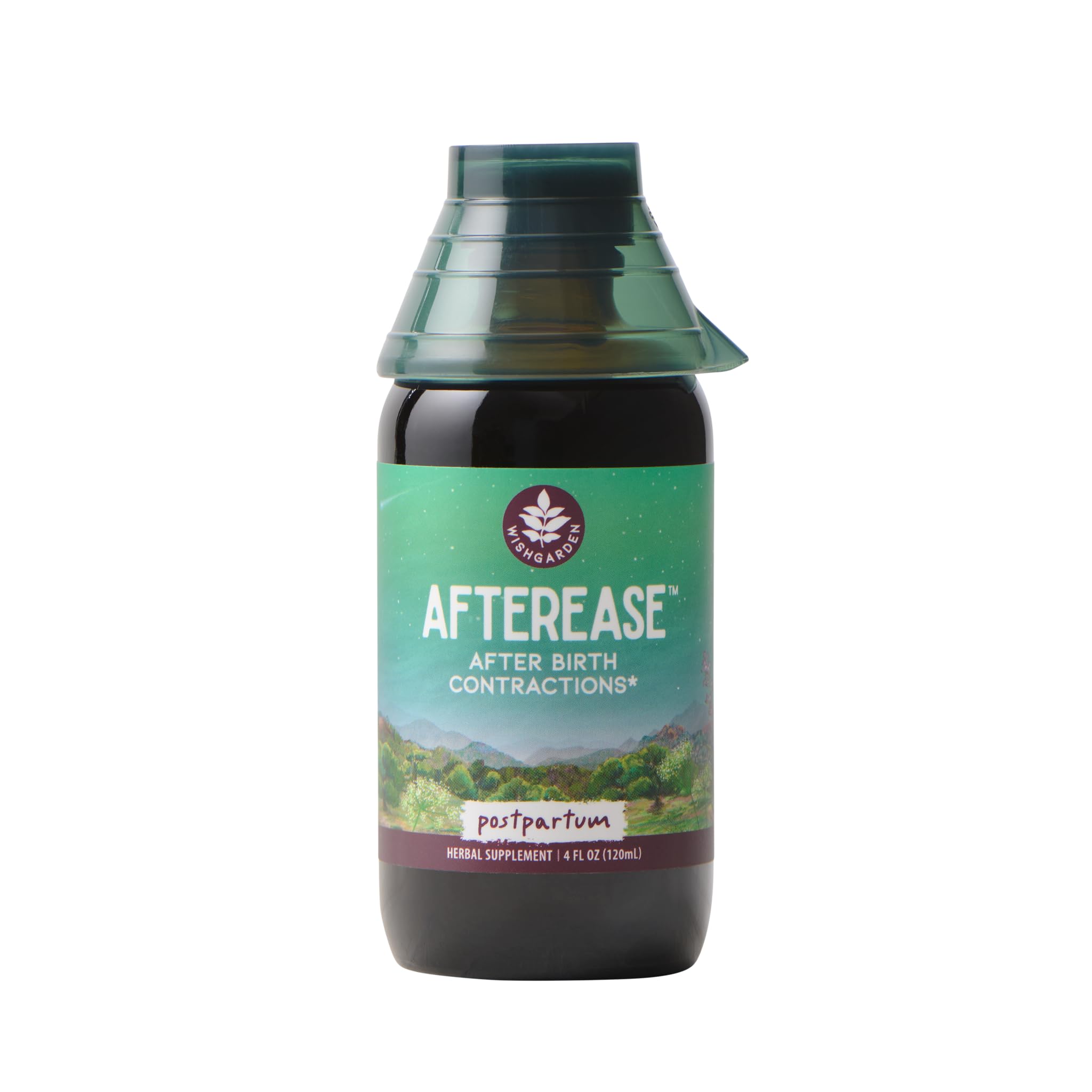 WishGarden AfterEase bottle with cramp bark pour for postpartum comfort.