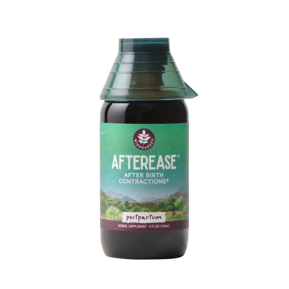 WishGarden AfterEase bottle with cramp bark pour for postpartum comfort.