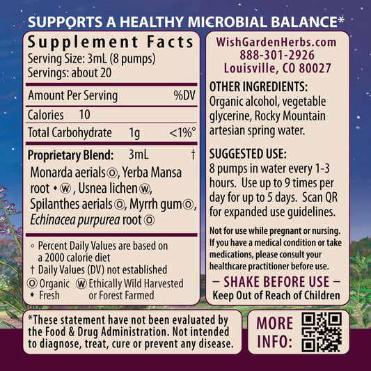 WishGarden Candida Rescue label highlights organic herbs and ingredients.