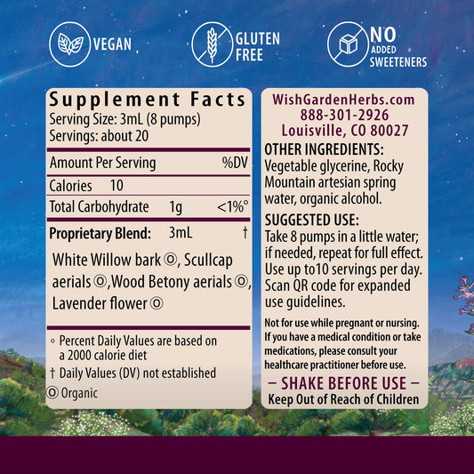 WishGarden Cranial Comfort label highlighting organic ingredients and vegan formula.