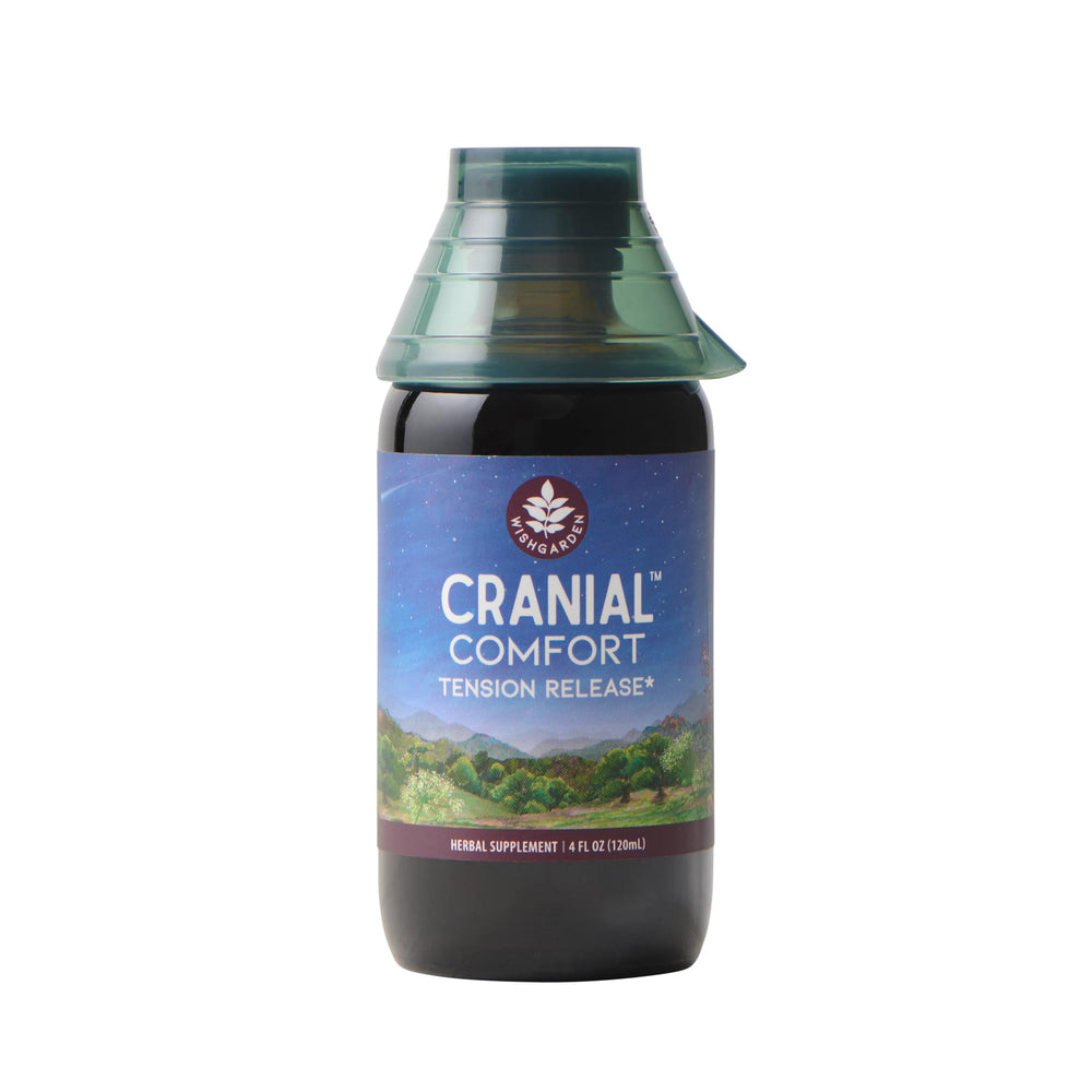WishGarden Cranial Comfort bottle pour showing easy dosing for head tension relief.