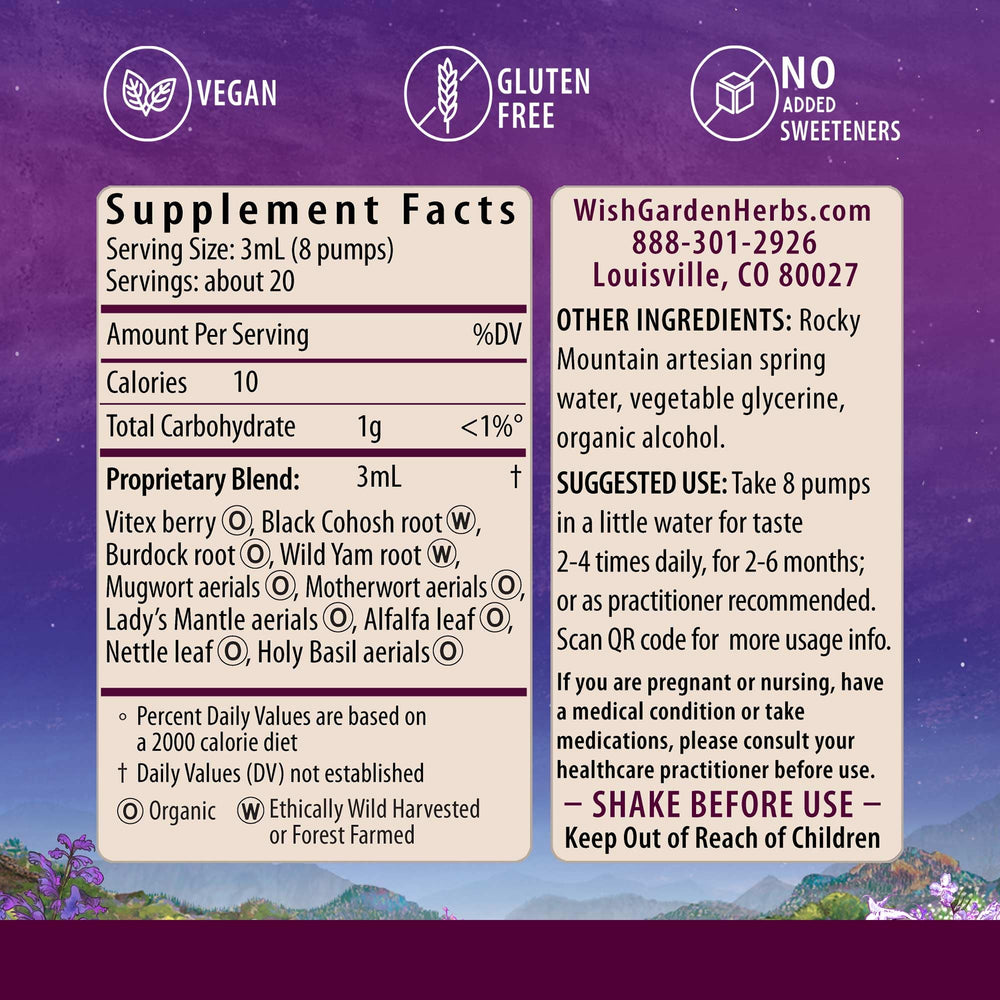 WishGarden Cycle Changes label close-up highlighting clean herbal blend for daily use