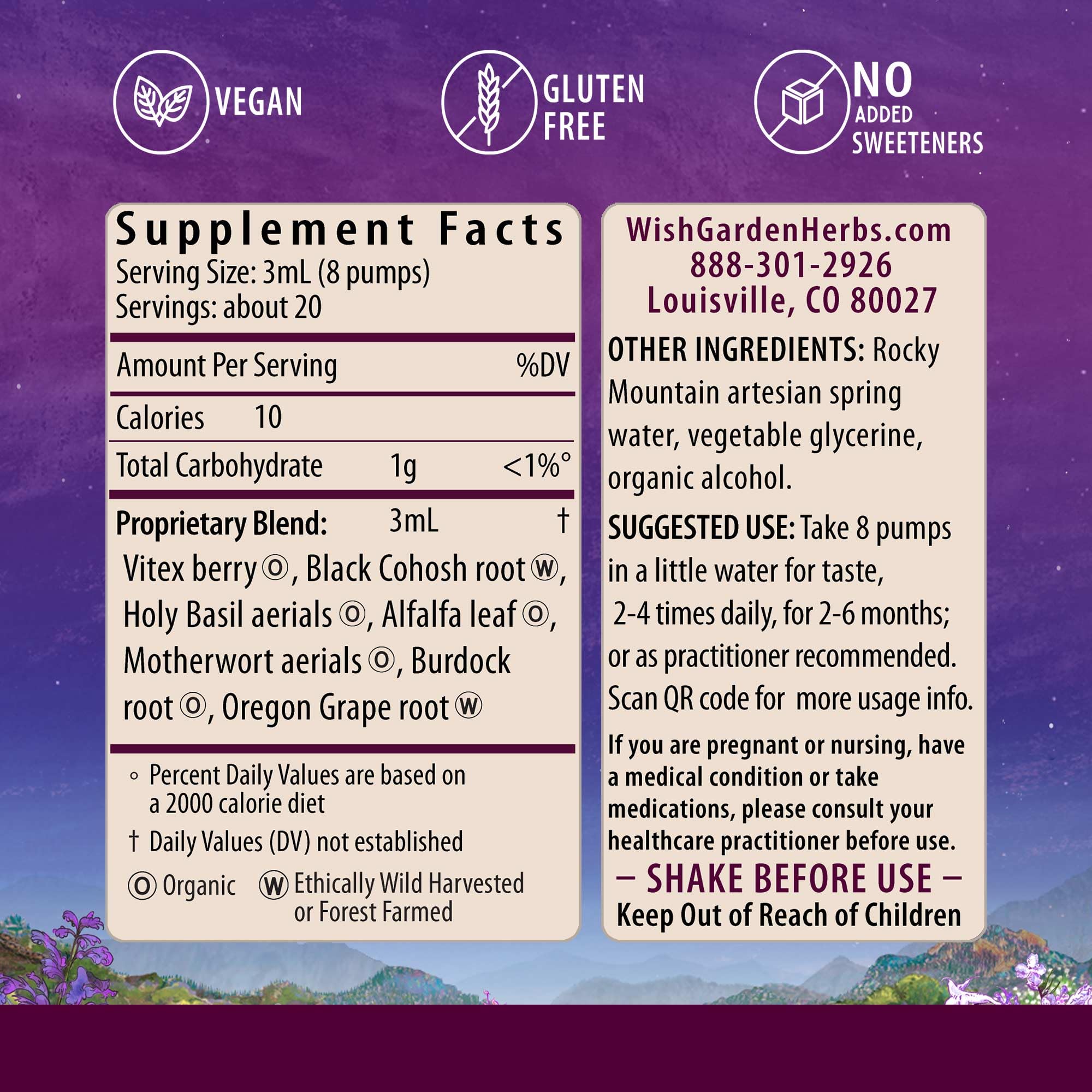 WishGarden Cycle Vitality I label close-up highlights Vitex and Black Cohosh.
