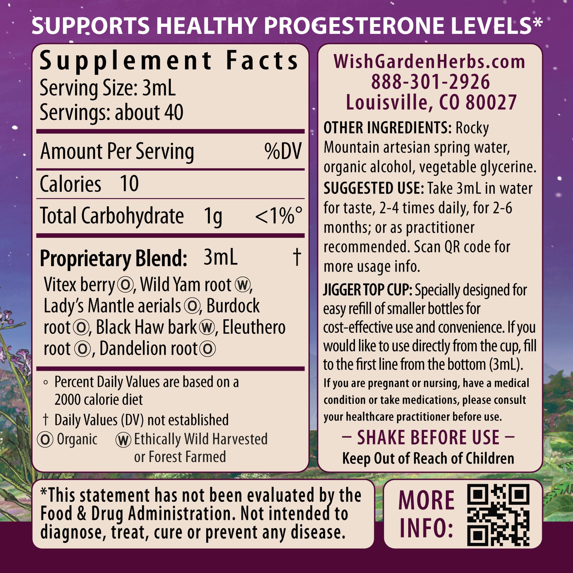 WishGarden Cycle Vitality label lists Vitex and Wild Yam herbs for hormonal balance