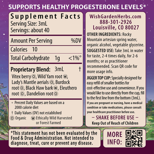 WishGarden Cycle Vitality label lists Vitex and Wild Yam herbs for hormonal balance