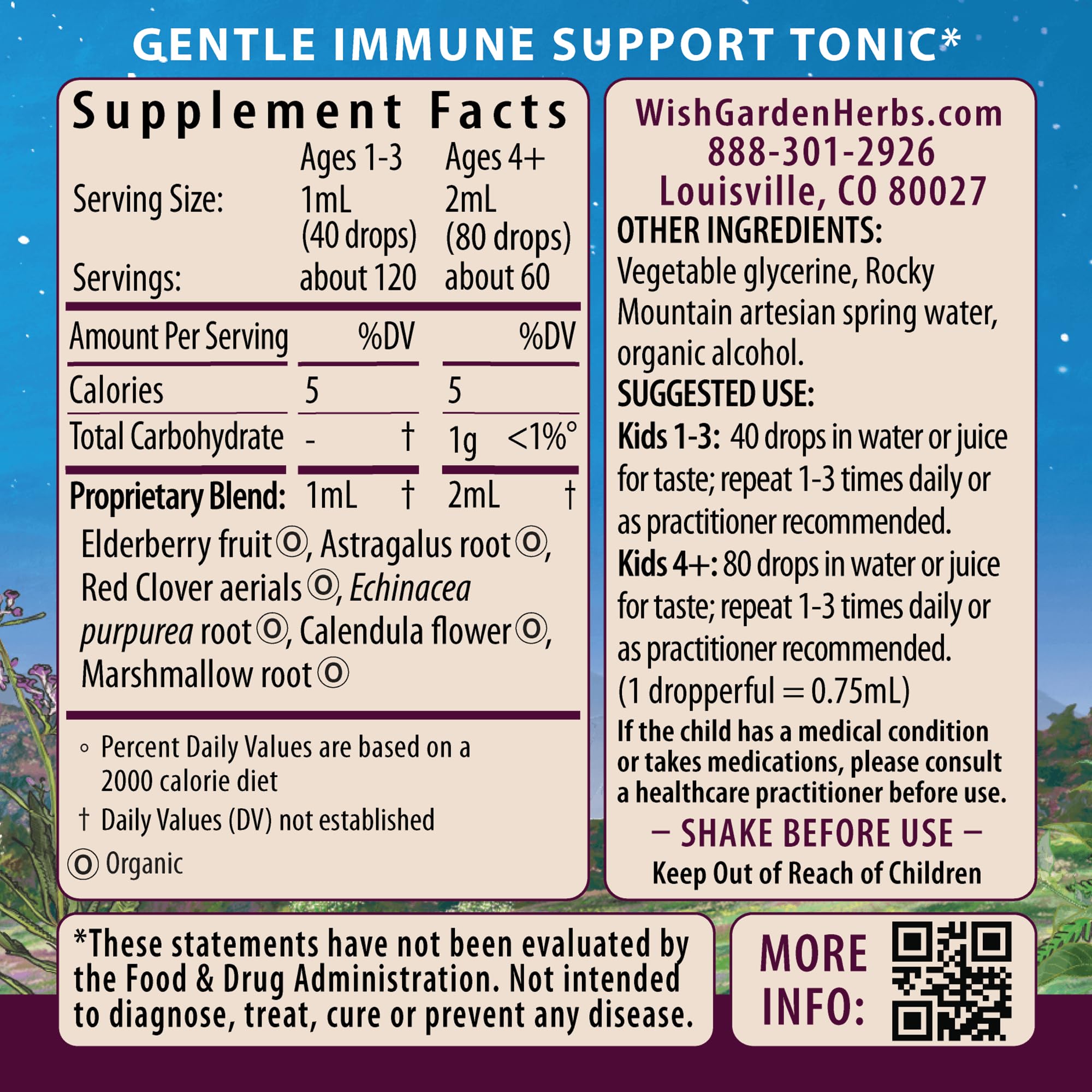 WishGarden Daily Immune for Kids dropper pouring dose, easy to administer for kids.