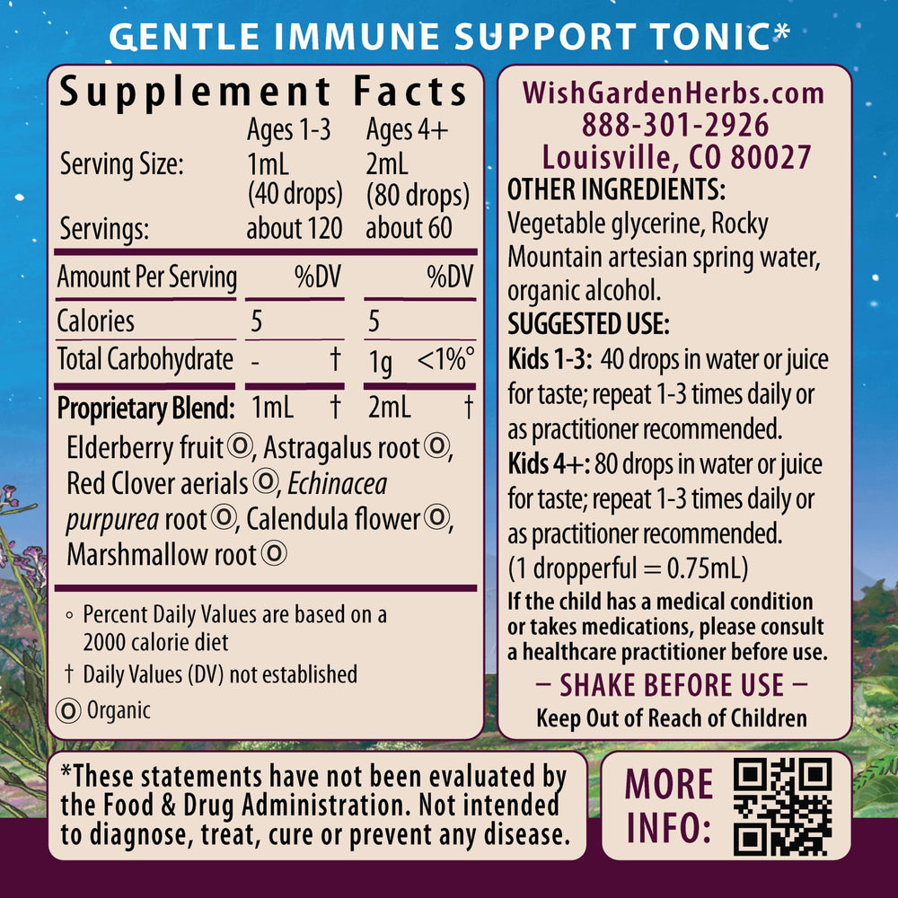 WishGarden Daily Immune for Kids dropper pouring dose, easy to administer for kids.