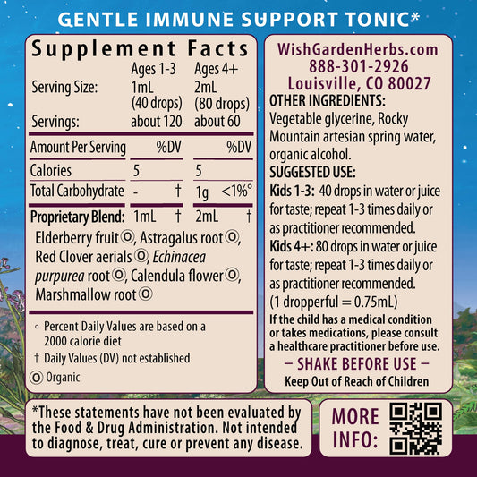 WishGarden Daily Immune for Kids dropper pouring dose, easy to administer for kids.