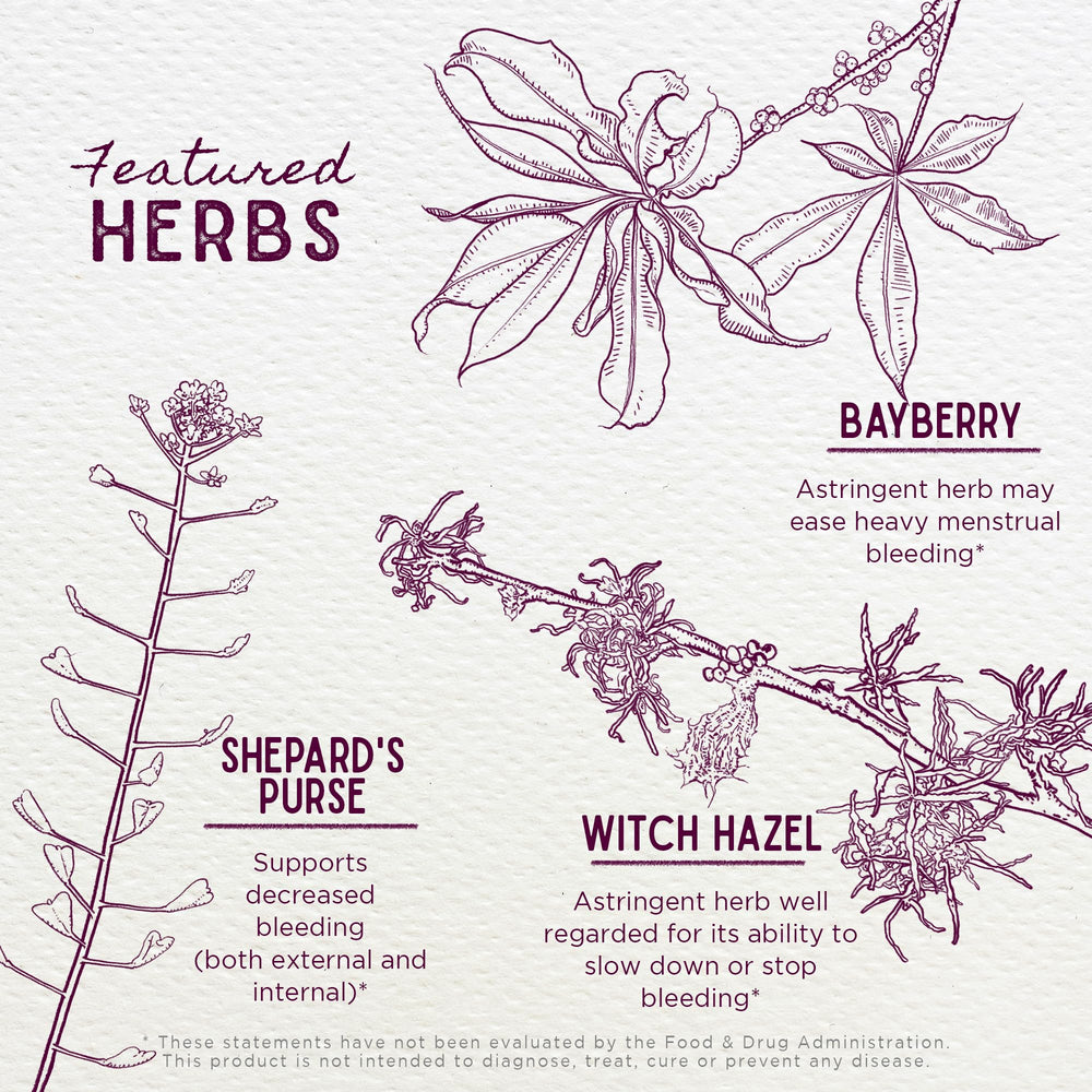 WishGarden Flow Stopper herbal blend on display as vegan, gluten-free option.