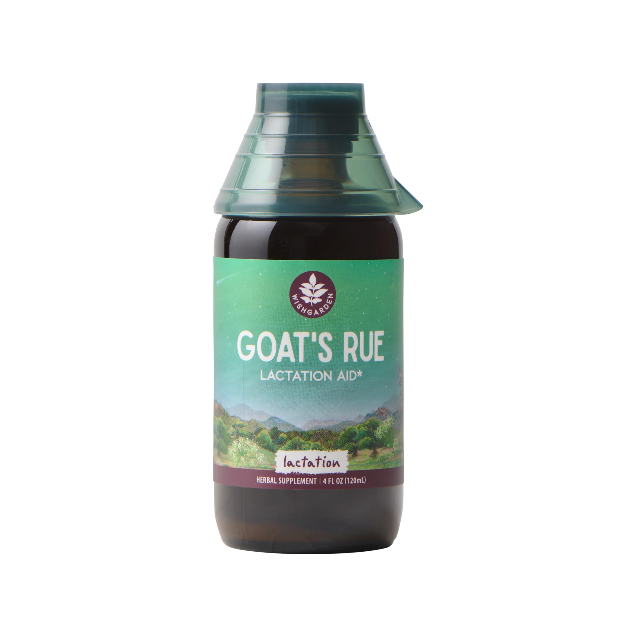 WishGarden Goats Rue tincture bottle shows label and bottle design for lactation support.
