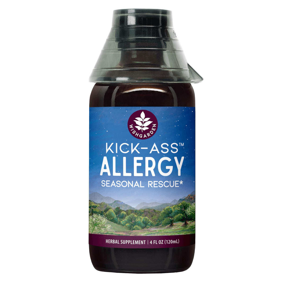 WishGarden Kick-Ass Allergy bottle label shows plant-based, non-drowsy formula for seasonal irritants.