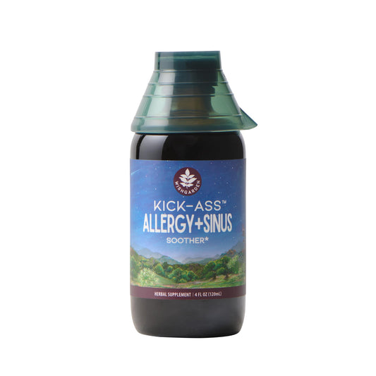 WishGarden Kick-Ass Allergy & Sinus bottle showing the herbal blend for congestion support.