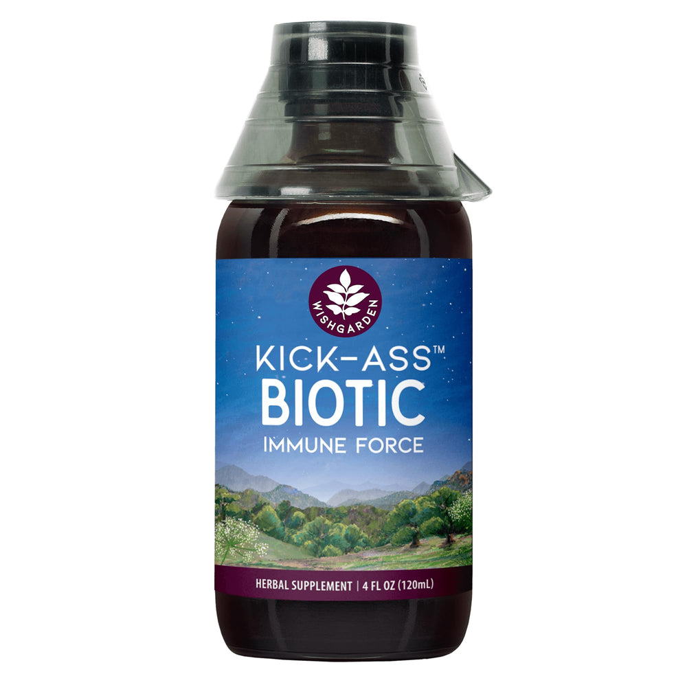 WishGarden Kick-Ass Biotic Immune bottle pour demonstrates quick-absorption liquid tincture.