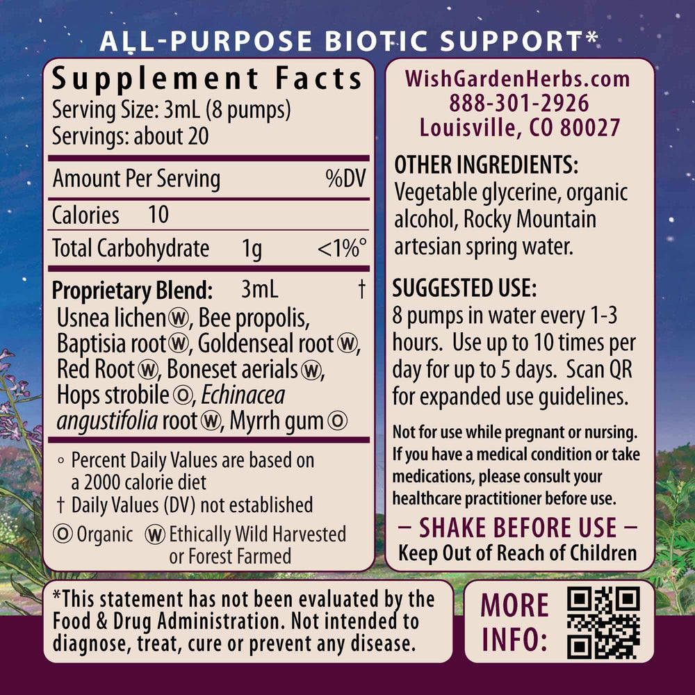 WishGarden Kick-Ass Biotic Immune label closeup highlights the quality herbal blend.