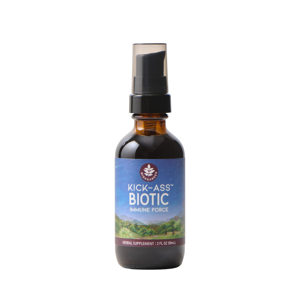 WishGarden Kick-Ass Biotic Immune Hero bottle front viewed for packaging clarity and product identity.