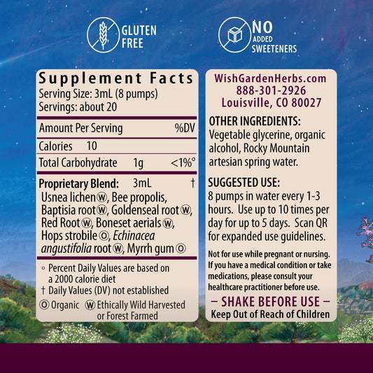 WishGarden Kick-Ass Biotic Immune Hero dropper dispensing liquid tincture for easy dosing.