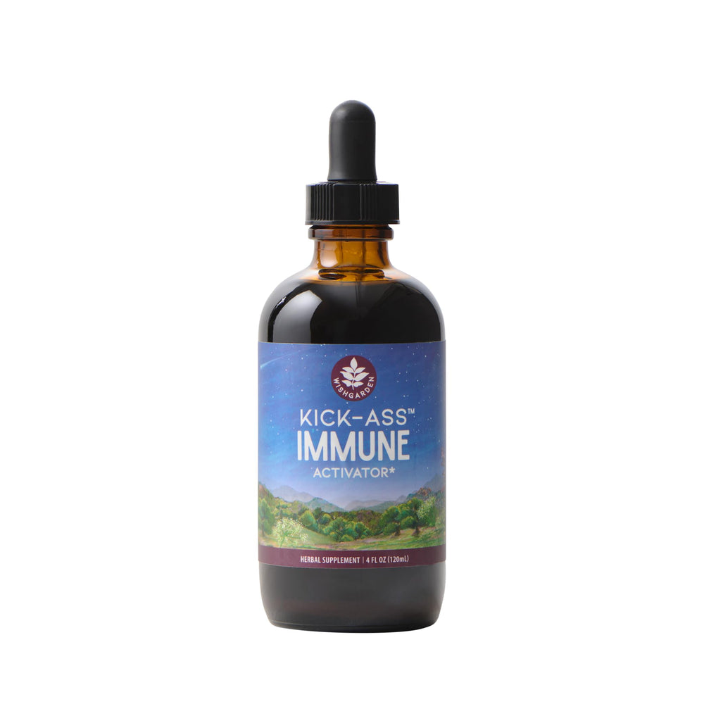WishGarden Kick-Ass Immune Activator bottle with pour spout for quick immune support.