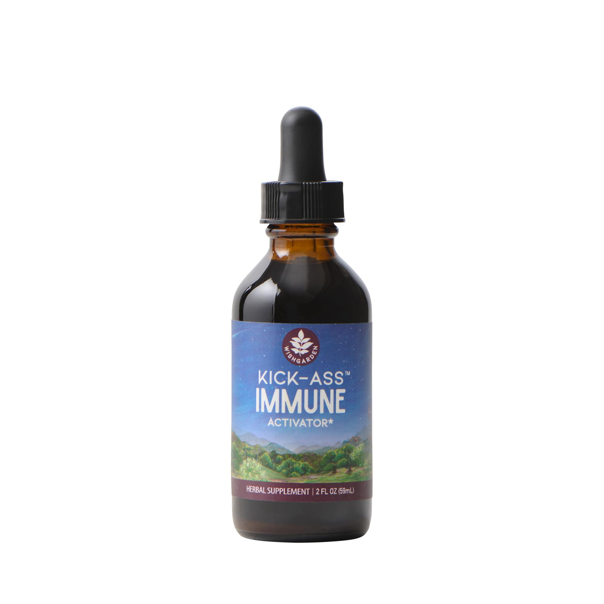 WishGarden Kick-Ass Immune Activator bottle pour shows a rich herbal tincture for immune support.