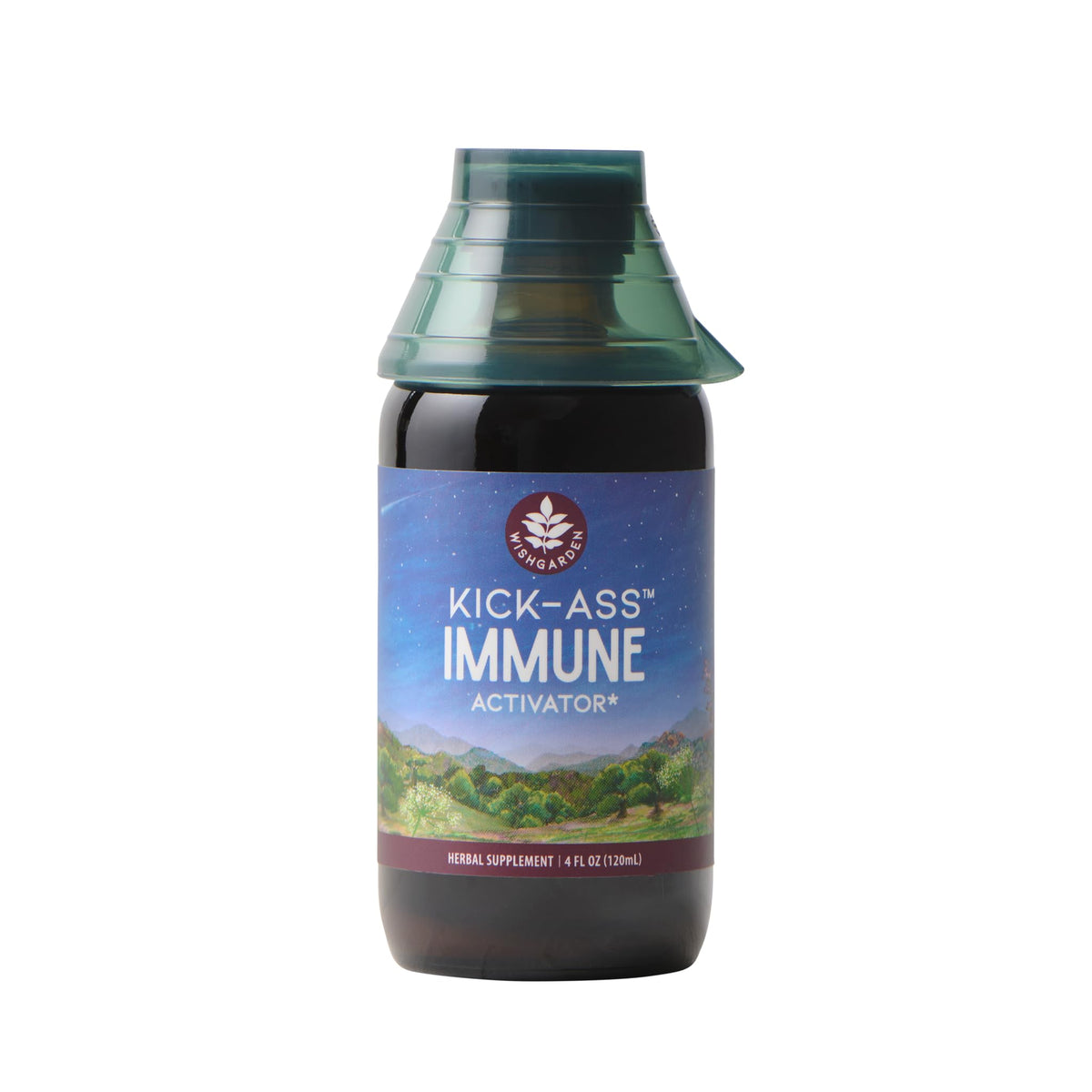 WishGarden Kick-Ass Immune Activator bottle on shelf for daily immune support.