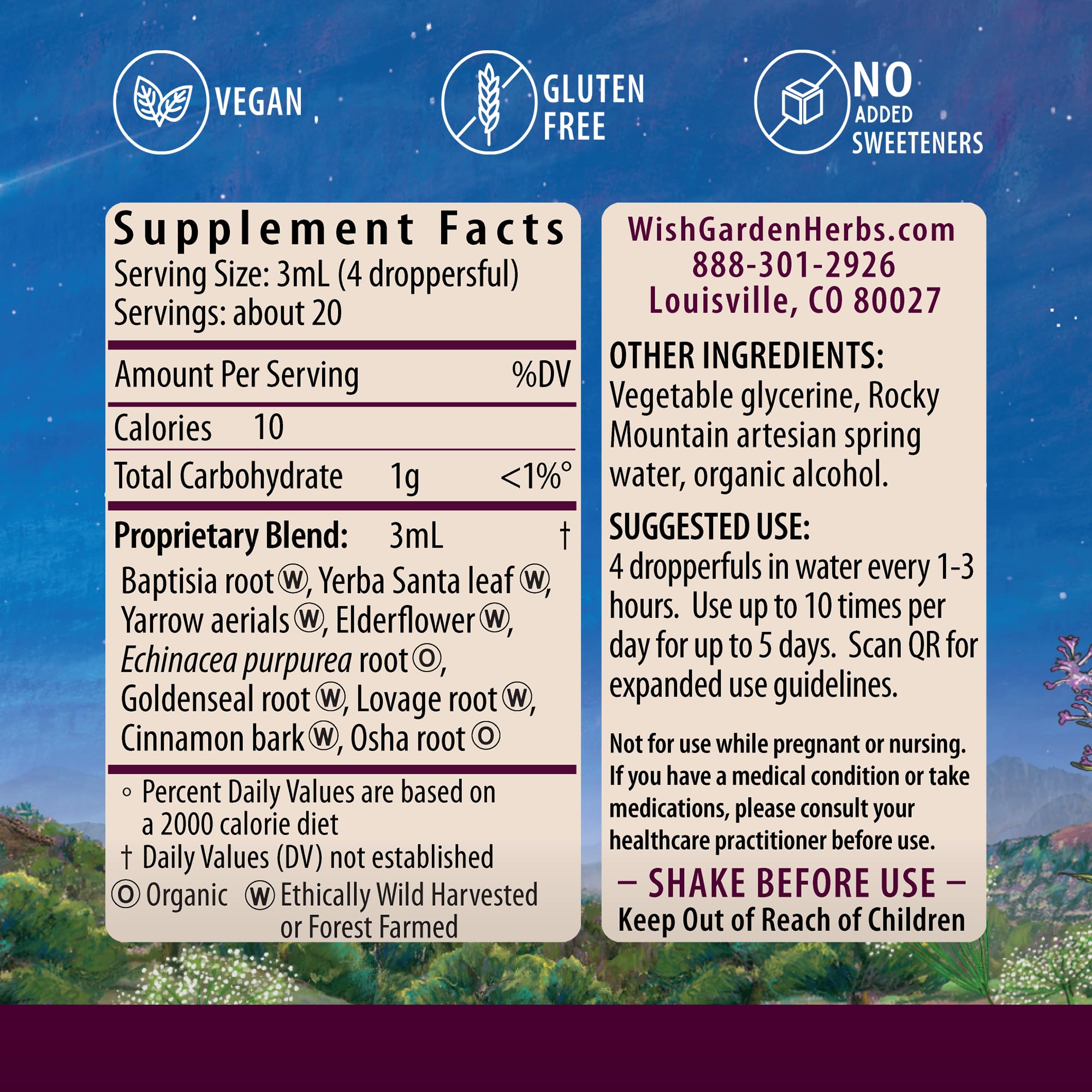 WishGarden Kick-Ass Immune Activator ingredients close-up highlighting organic echinacea and goldenseal.