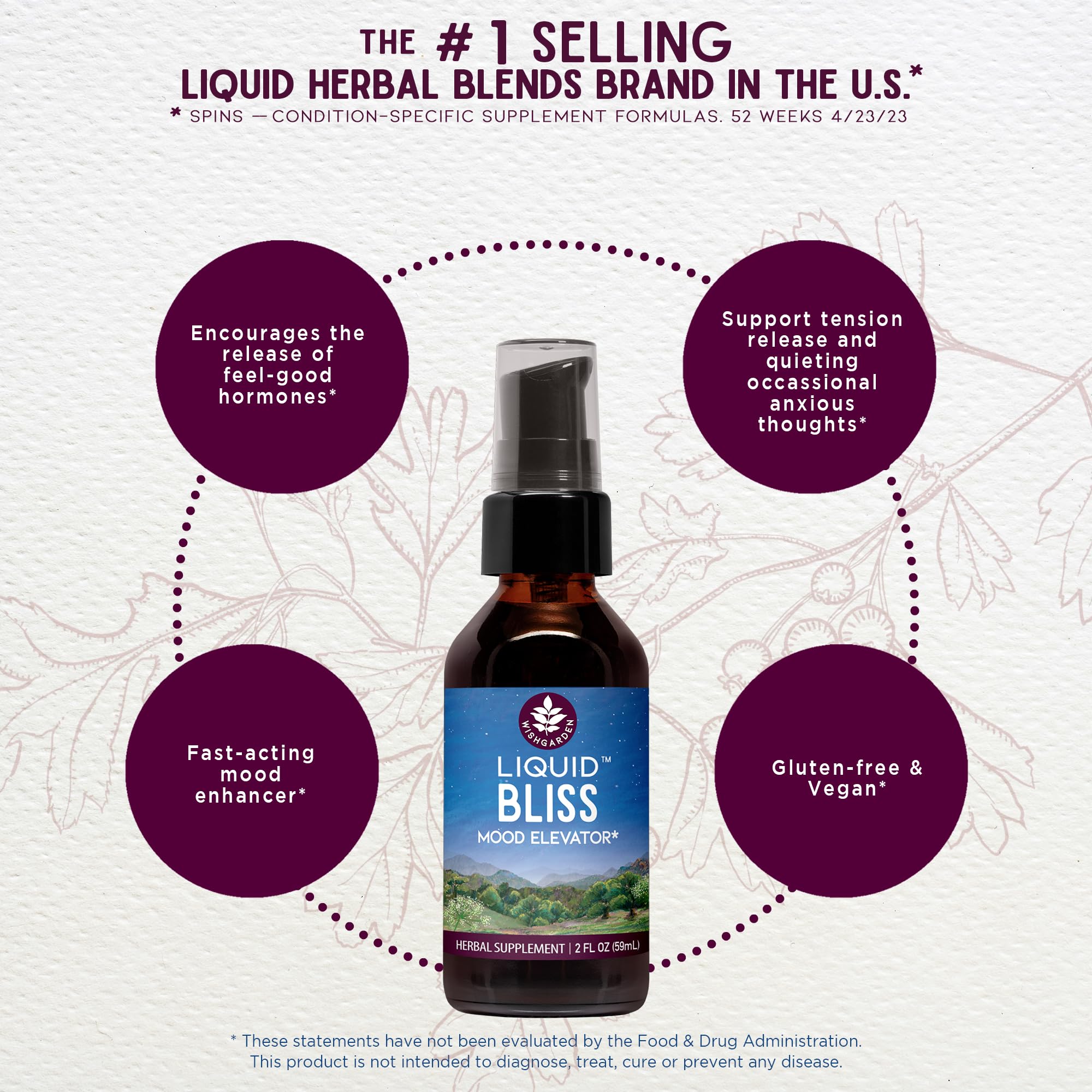 WishGarden Liquid Bliss label close-up featuring organic cacao and botanicals