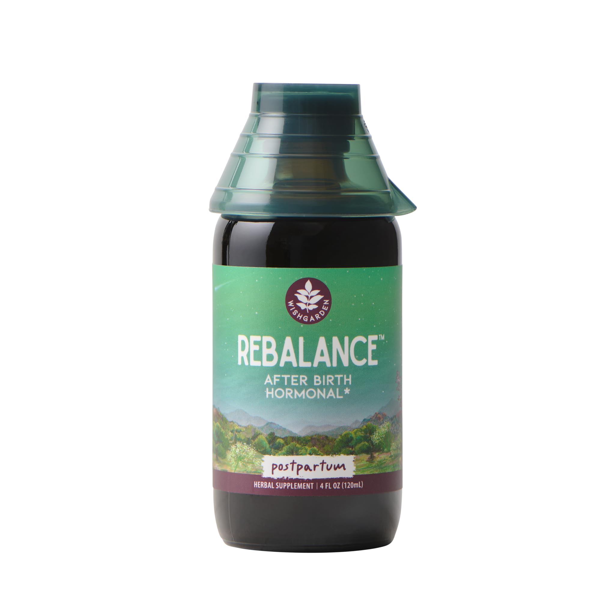 WishGarden ReBalance after birth bottle pour demonstrates the tincture application for hormonal balance.